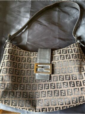 Fendi Brown FF Canvas Shoulder Bag with Gold Buckle